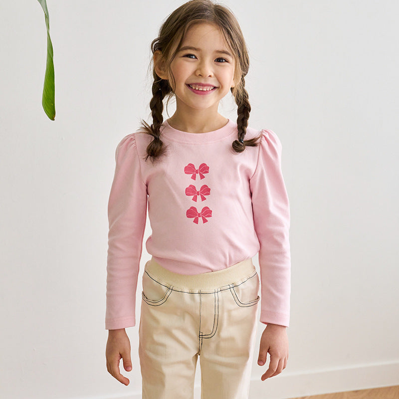 Girls Casual Bow Printed Long Sleeve T-Shirt