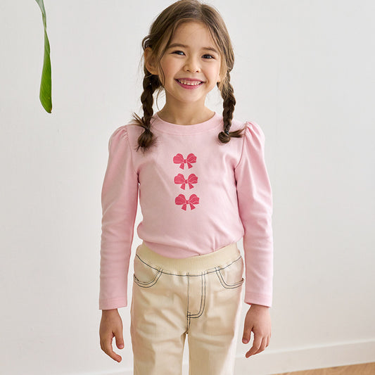 Girls Casual Bow Printed Long Sleeve T-Shirt