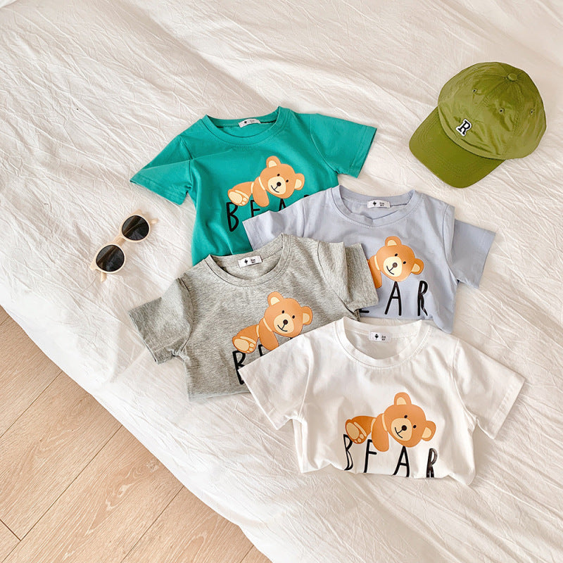 Kids Casual Cartoon Bear Letter Pattern Round Neck Short Sleeve Loose T-shirt