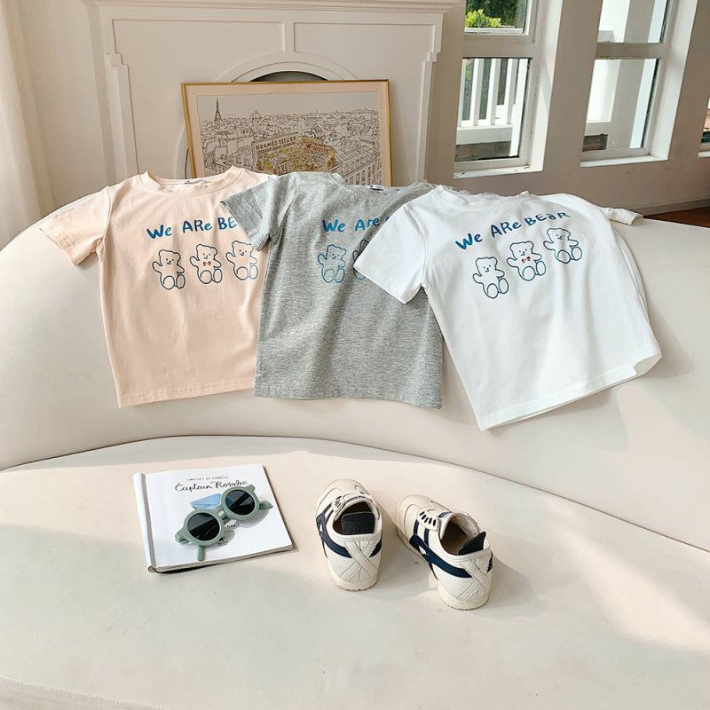 Kids Casual Cartoon Bear Letter Pattern Round Neck Short Sleeve Loose T-shirt