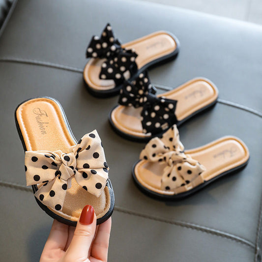 Girls Sweet Polka Dot Big Bow Non-slip Soft Bottom Slippers