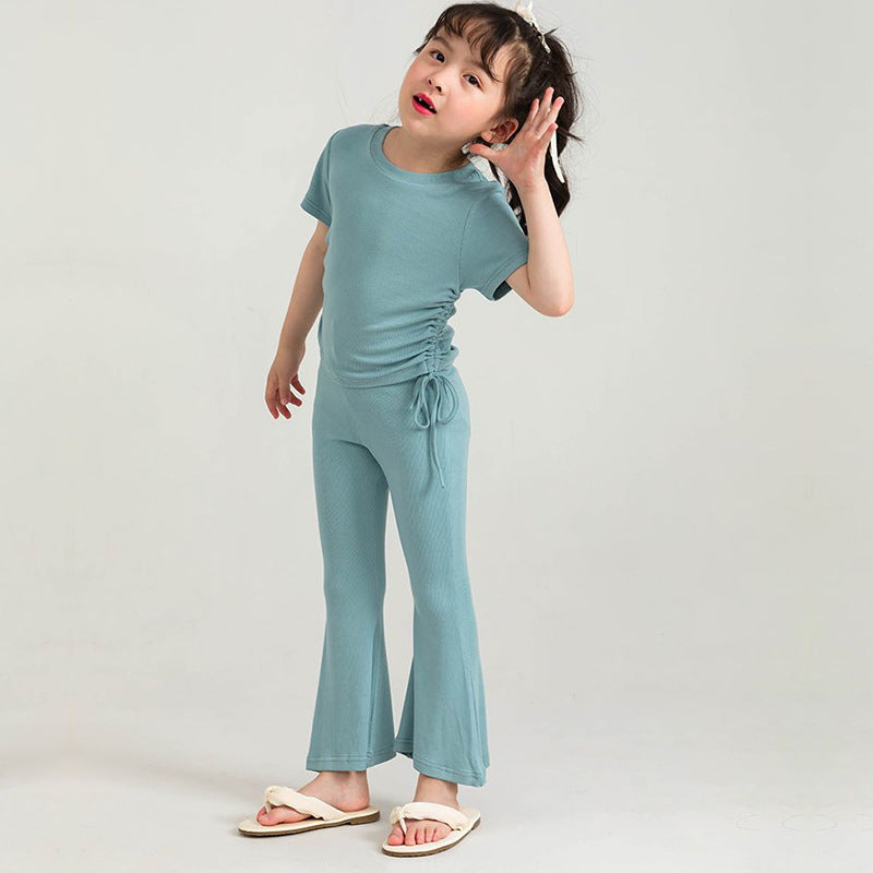 Kids Toddler Girls Casual Cute Solid Color Short Sleeve T-Shirt Flare Trousers Sets