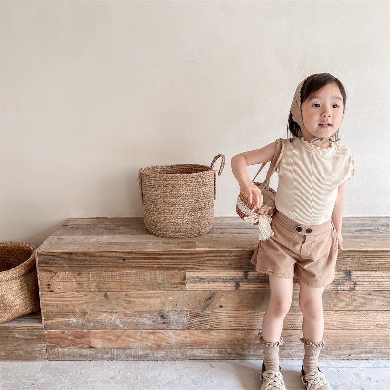 Kids Girls Basic Solid Color Stringy Selvedge Round Neck Sleeveless Vest