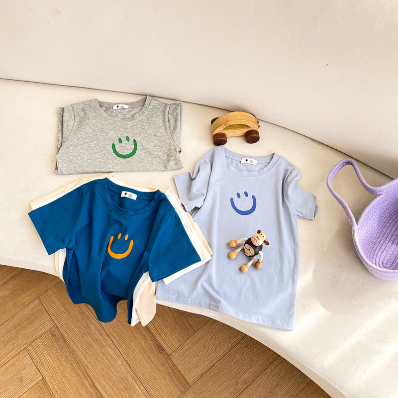 Kids Simple Smile Pattern Round Neck Short Sleeve Loose Casual T-shirt