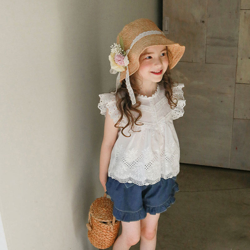Kids Toddler Girls Casual Cute Solid Color Hollow Lace Cap Sleeve Round Neck T-Shirt