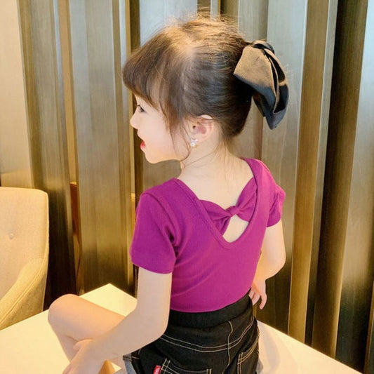 Children Kids Baby Fashion Girls Casual Basic Short Sleeve Solid Color Bowknot T-Shirt