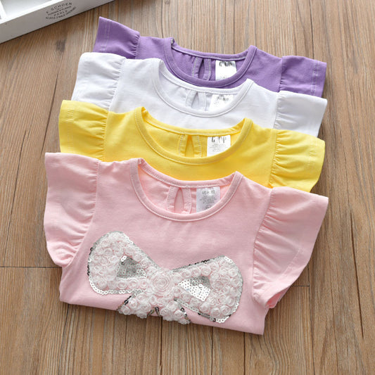 Kids Girls Basic Round Neck Short Sleeve Ruffled Sequin Bow Pattern T-shirt