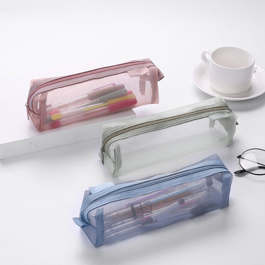 Fashion Simple Solid Color Transparent Thickened Mesh Large Capacity Pencil Bag