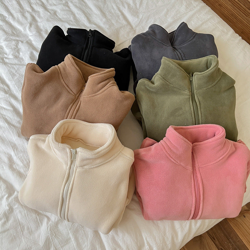 Winter Children Solid Color Fleece-Lined Warm Zipper Coat