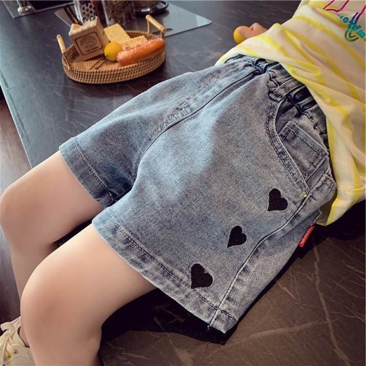 Kids Girls Basic Heart Pattern Elastic Waist Denim Shorts