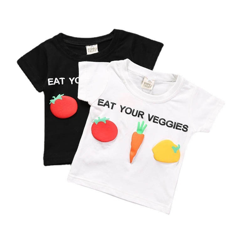 Kids Casual Round Neck Short Sleeve Cartoon Carrot Pattern Basic T-shirt