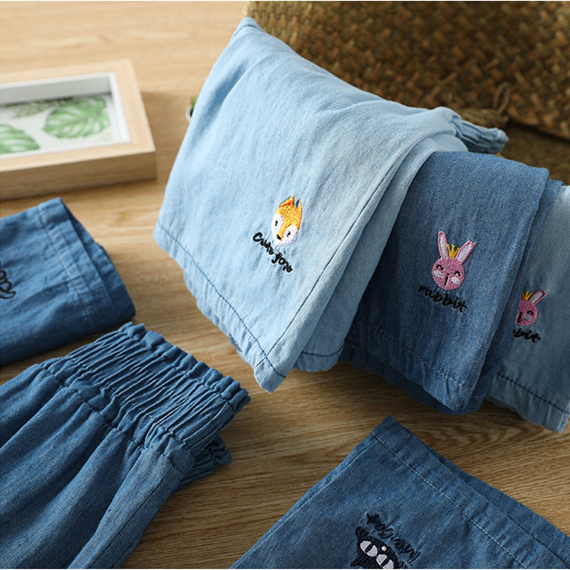 Kids Cute Cartoon Rabbit Fox Letter Embroidery Denim Casual Shorts