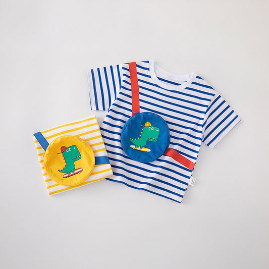 Kids Toddler Boys Casual Cute Dinosaur Stripe Print Short Sleeve Round Neck T-Shirt