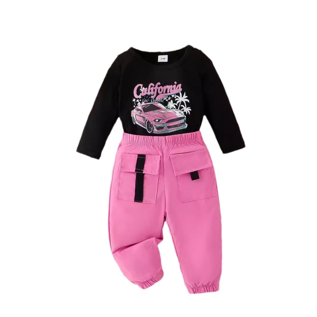 Kids Baby Girls Fashion Casual Car Alphabet Print Long Sleeve T-Shirt Trousers Sets