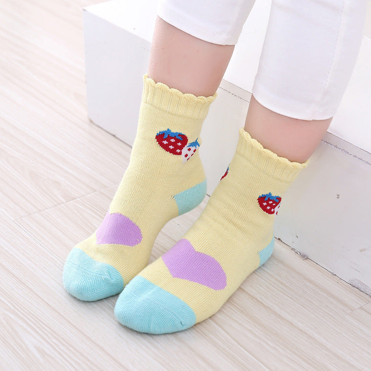 5pairs/set Kids Girls Retro Cartoon Strawberry Comfortable Breathable Elastic Socks