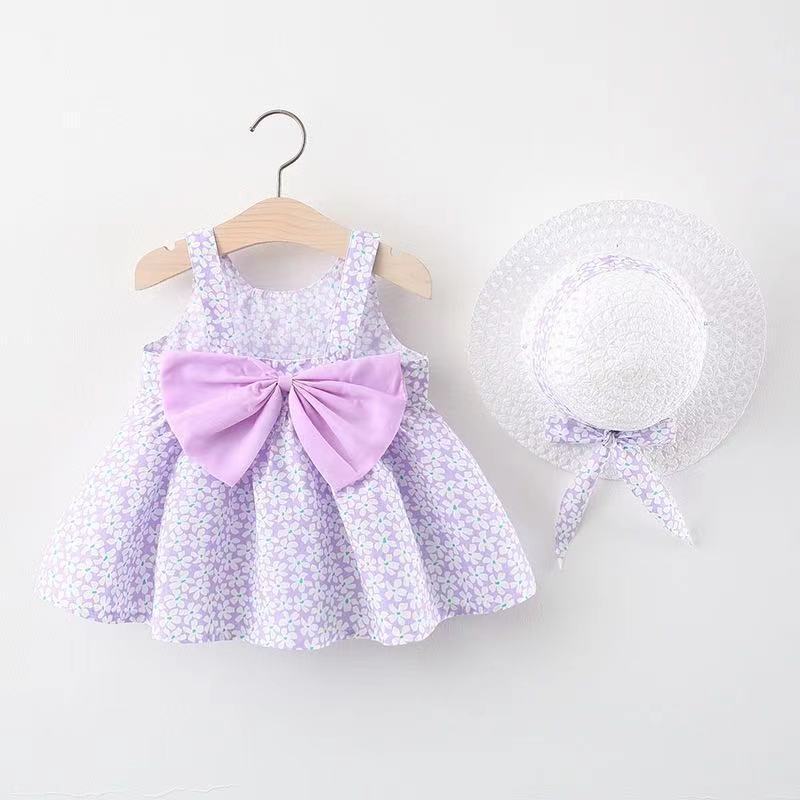 Kids Girls Pastoral Floral All Over Print Big Bow Design Sleeveless Dress With Hat Set