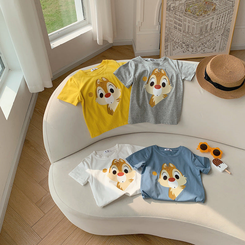 Kids Casual Cartoon Animal Squirrel Pattern Round Neck Short Sleeve Loose T-shirt