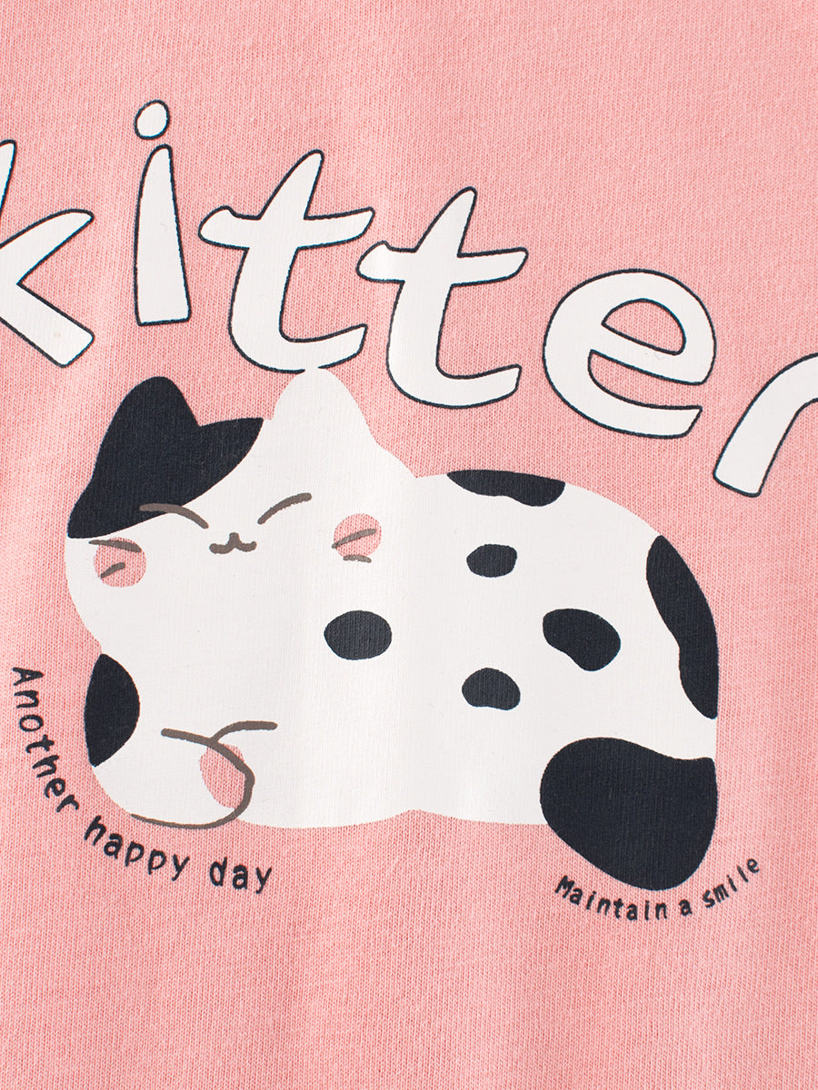 Kids Toddler Big Girls Casual Cute Cartoon Cat Alphabet Print Long Sleeve T-Shirt