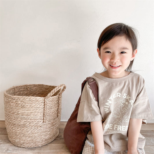 Kids Casual Round Neck Short Sleeve Letter Cartoon Pattern Loose T-shirt