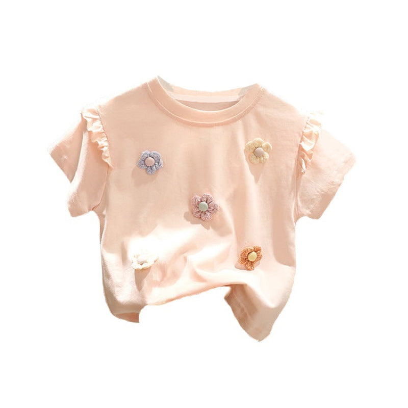 Kids Toddler Girls Casual Cute Flower Short Sleeve Round Neck T-Shirt