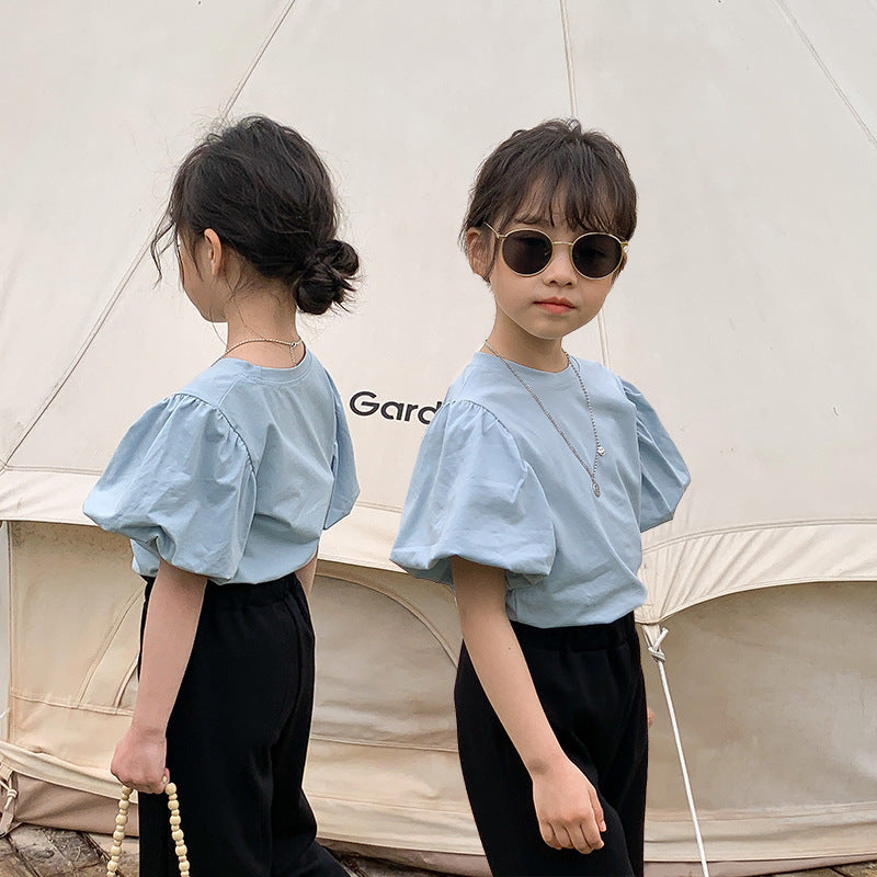 Kids Girls Simple Solid Color Round Neck Puff Sleeve Loose T-shirt