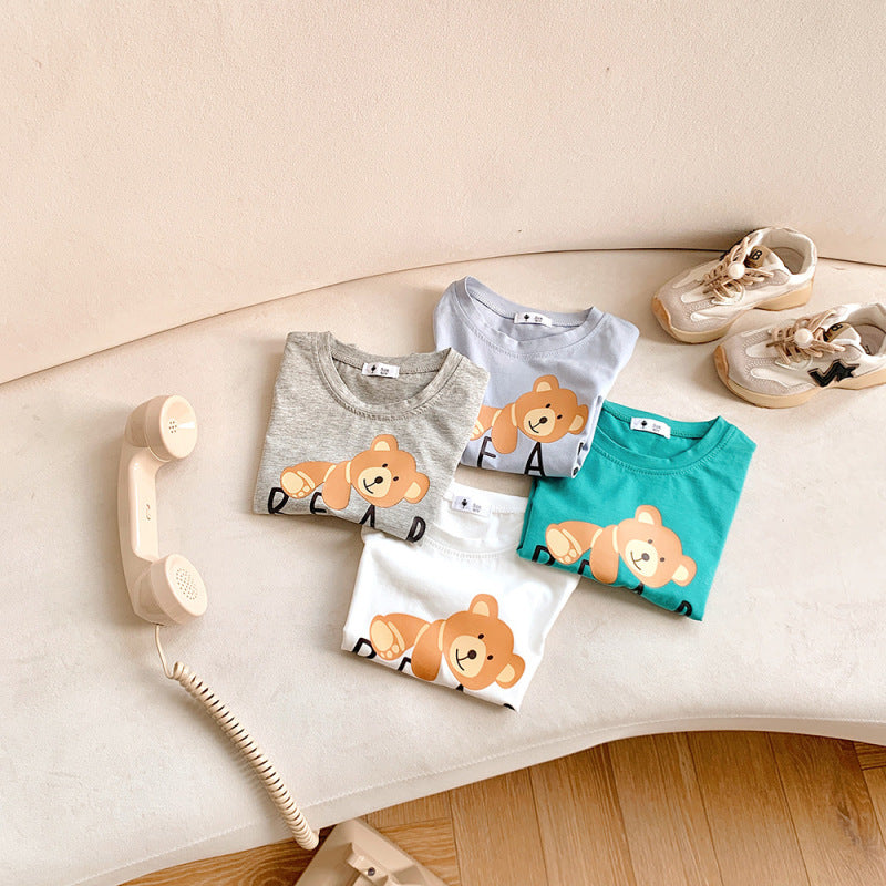 Kids Casual Cartoon Bear Letter Pattern Round Neck Short Sleeve Loose T-shirt