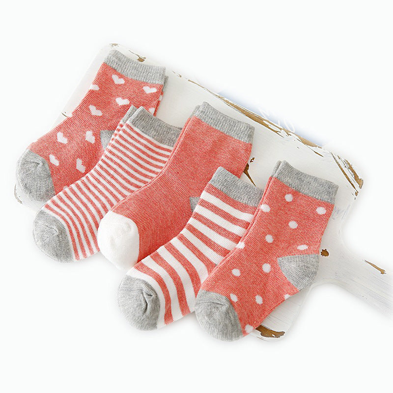 5pairs/set Kids Basic Cartoon Ploka Dot Stripe Soft Socks