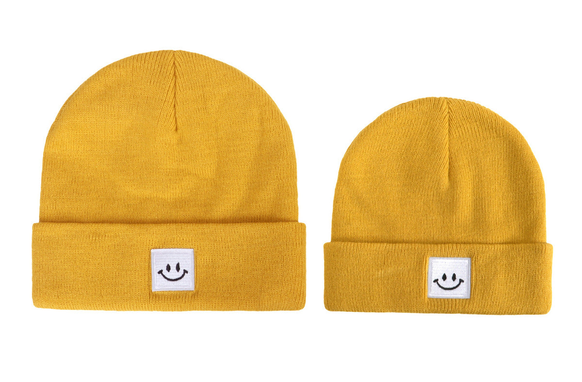 Autumn Winter Simple Solid Color Smiley Label Warm Knitted Parent-Child Wool Hat Set