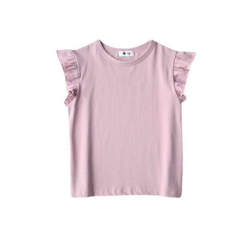 Kids Girls Simple Solid Color Stringy Selvedge Sleeveless Round Neck Loose T-shirt