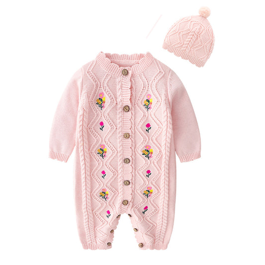 Winter Baby Fashion Floral Embroidered Knitted One Piece And Hat