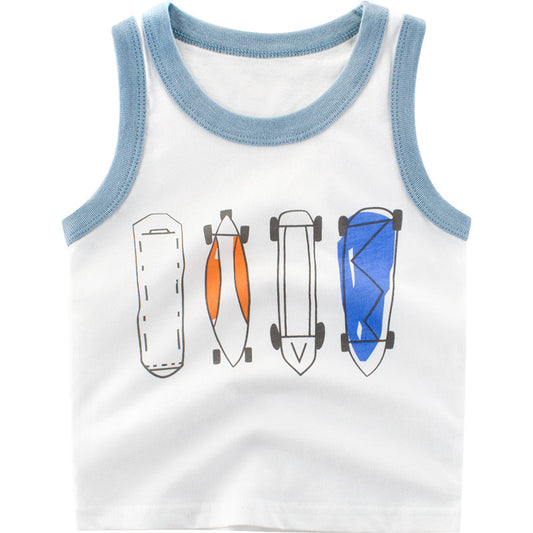 Boys Cute Cartoon Skateboarding Round Neck Sleeveless T-shirt