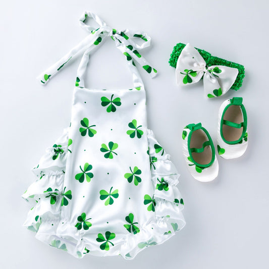 Toddlers Newborn Baby St.Patrick'S Girls Green Print Bodysuit And Headband Shoes 3pcs Set