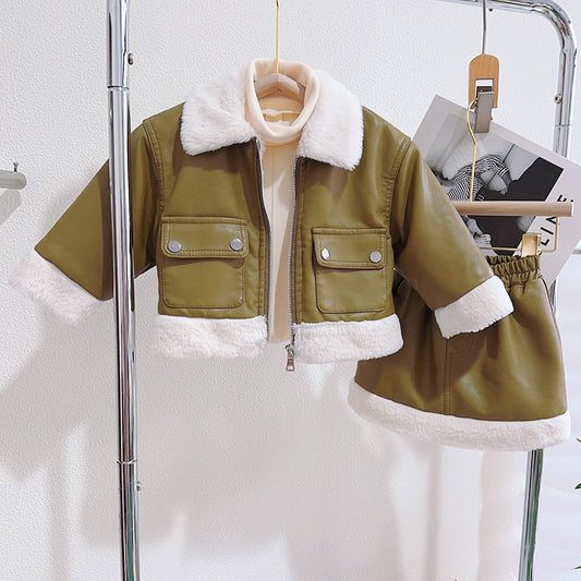 Winter Fashion Two-Piece Plush PU Jacket And Skirt Set