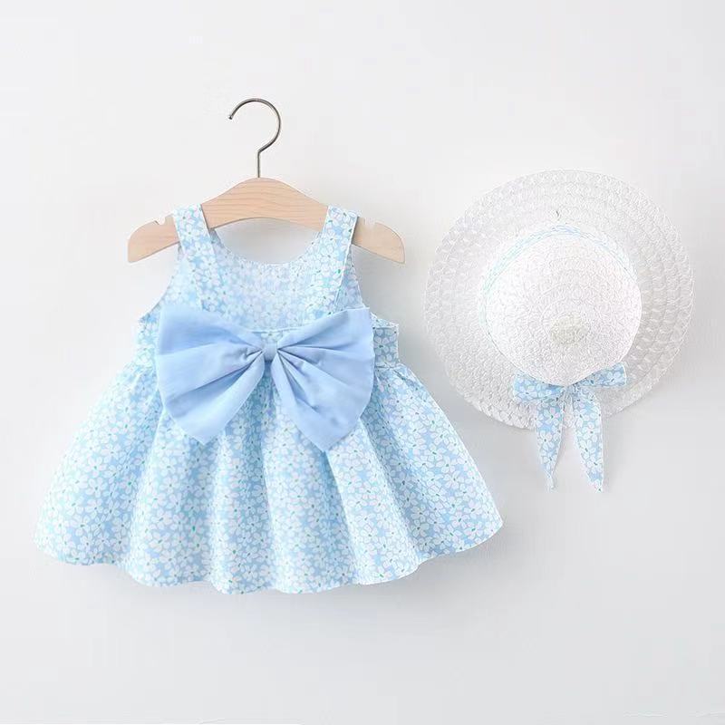 Kids Girls Pastoral Floral All Over Print Big Bow Design Sleeveless Dress With Hat Set
