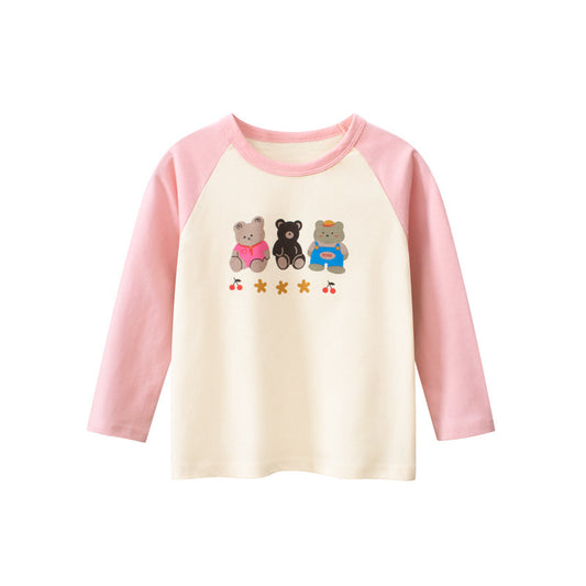 Kids Toddler Big Girls Casual Cute Cartoon Bear Print Long Sleeve Round Neck T-Shirt