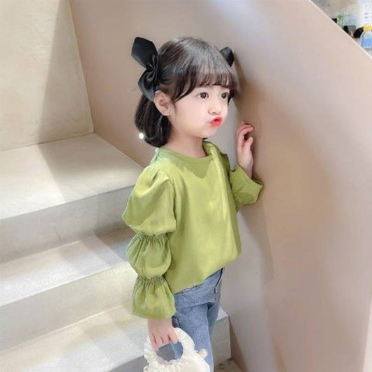 Kids Toddler Girls Fashion Crew Neck Shirt Long Sleeve Puff Sleeve Top