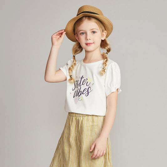 Children Kids Baby Fashion Girls Short Sleeve Flower Letter Print T-Shirt