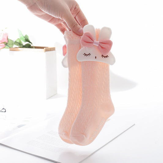 12pcs/Dozen Children Kids Baby Fashion Girls Solid Color Rabbit Hollowed Out Mid-Length Socks