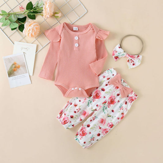 Kids Baby Girls Cute Long Sleeve Romper Flower Trousers Sets