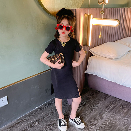 Girl'S Fashion Solid Color Short-Sleeve Hollow-Out Split Dress