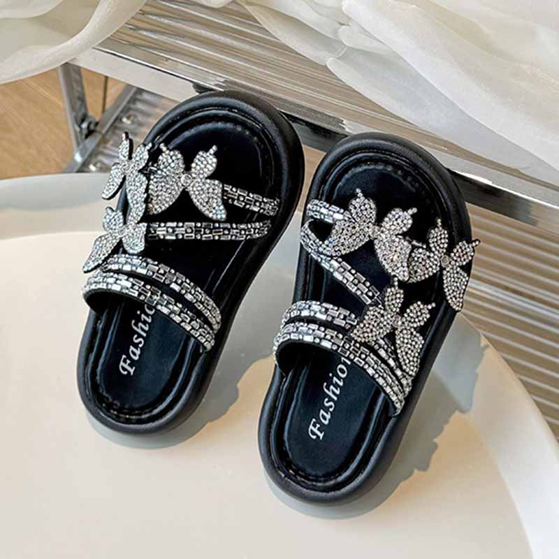 Kids Girls Casual Cute Rhinestone Butterfly Flat Slippers