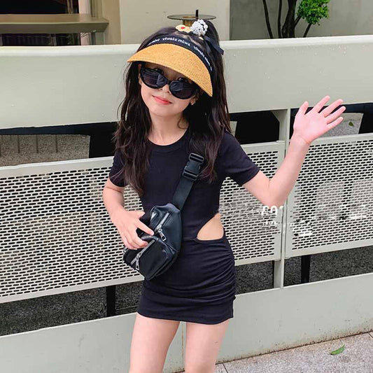 Girls' Fashion Solid Color Short-Sleeve Hollow-Out Slim-Fit Dress