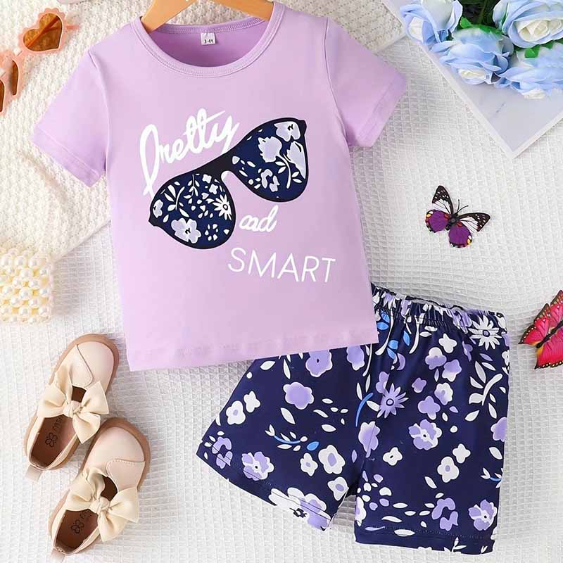 Kids Toddler Girls Casual Alphabet Tiny Flower Print Short Sleeve T-Shirt Shorts Sets