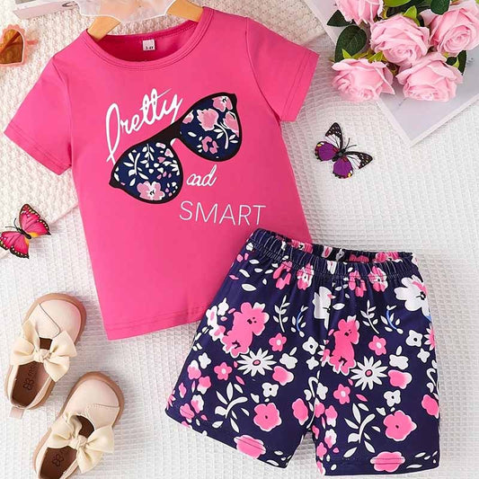 Kids Toddler Girls Casual Alphabet Tiny Flower Print Short Sleeve T-Shirt Shorts Sets